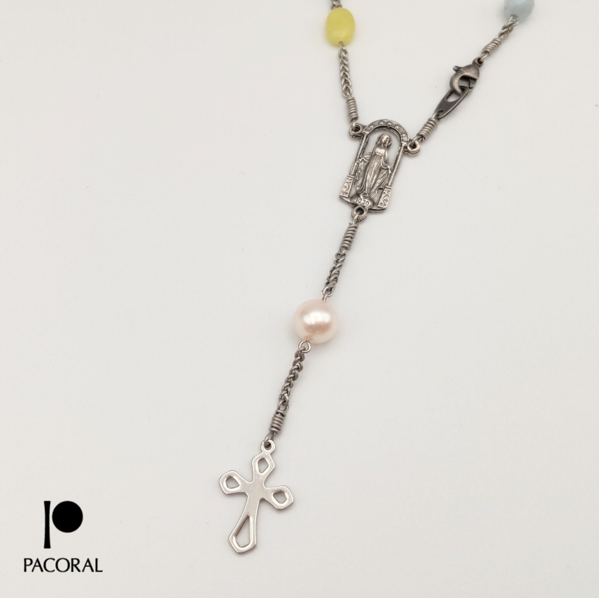 修道士手編みロザリオチャーム「祈り」（アクアマリン×オリーブ