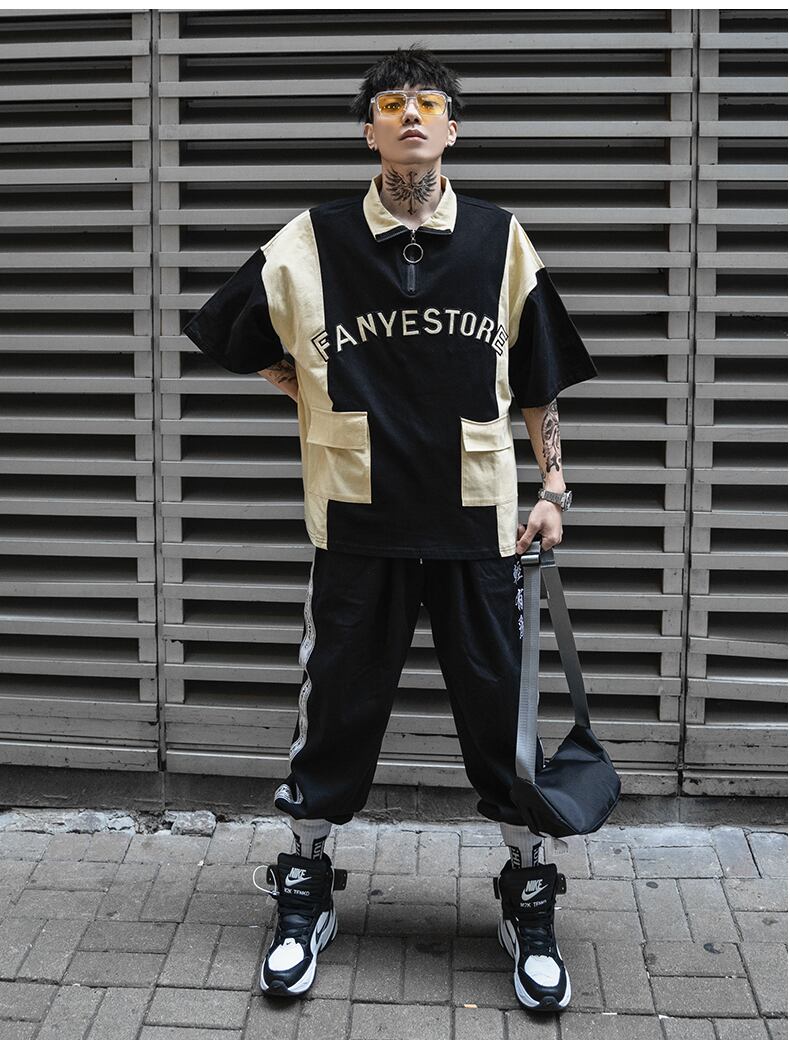 全2色 Tシャツ ジップアップ プリント カジュアル ストリート 