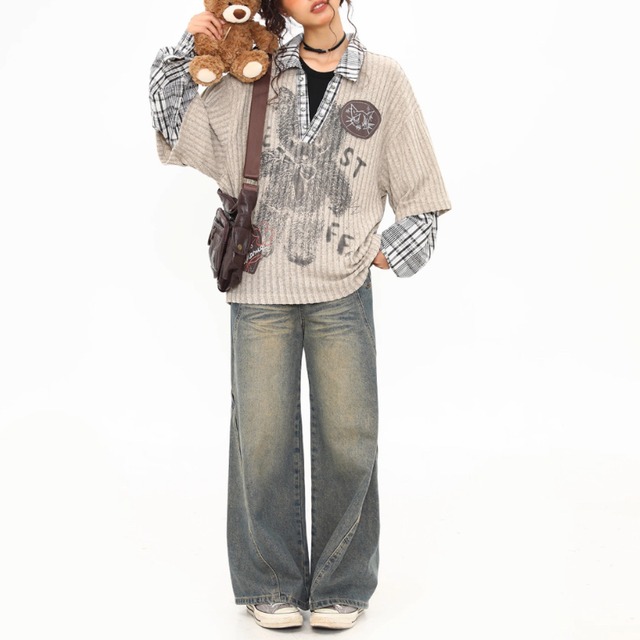 bear design layered shirt　ベアーデザインレイヤードシャツ　J1533