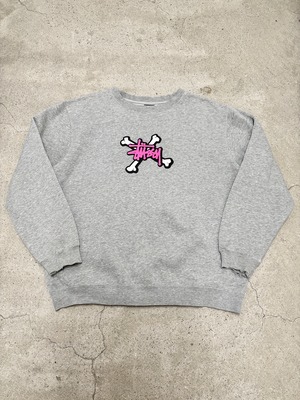 00s OLD STUSSY/Cross Bone print Sweat/M/クロスボーンプリントスウェット/ストックロゴ/グレ－/ステューシー/オ－ルドステューシー