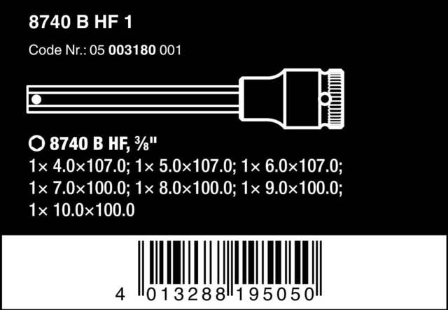 1763]Wera 8740 B HF Zyklop 3/8インチSQ六角ビットソケットセット 7 