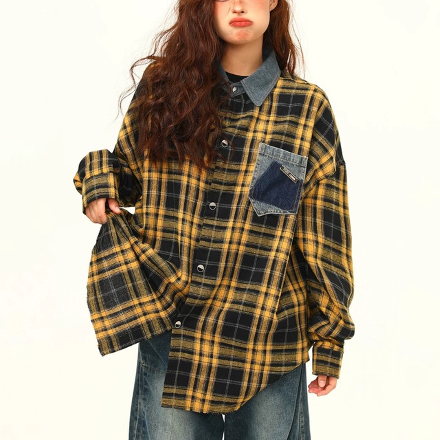 yellow check denim point shirt　イエローチェック柄デニムポイントシャツ　J2173