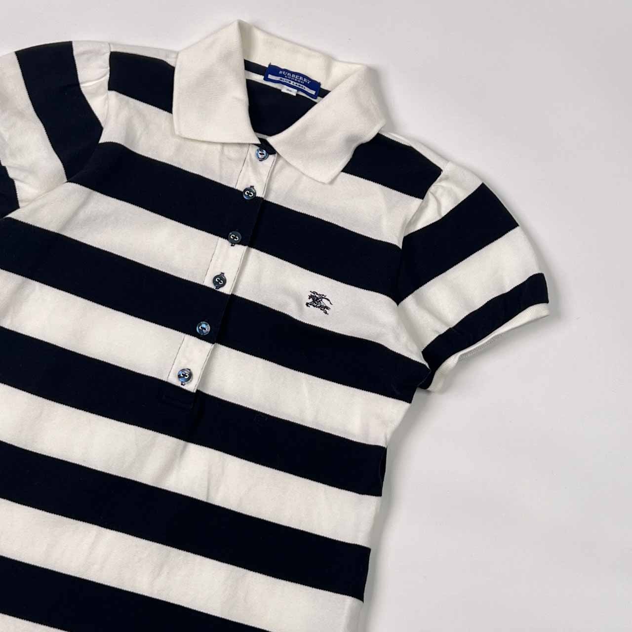 90s 00s BURBERRY LONDON BLUE LABEL バーバリー ブルーレーベル ボーダー 鹿の子 半袖 ポロシャツ 38/ブラック×ホワイト レディース 三陽商会 ビンテージ