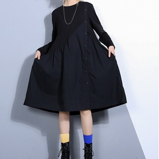 春新作 春 ワンピース 長袖 黒のワンピース 切り替えワンピース 原宿系ファッション モード系 ワンピース 膝下 ミモレ丈 ゆったり 体型カバー 大人カジュアル 個性的服 女子会 代 30代 40代 ブラック P6522 Kirari きらり