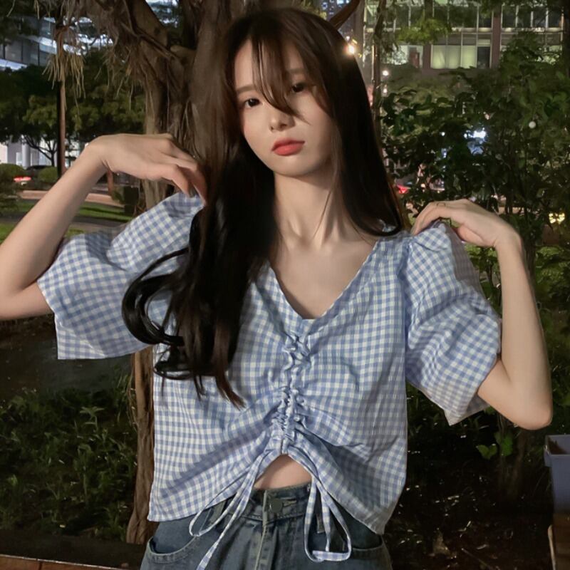 サマーカジュアル格子柄ショートVネックスリーブギャザートップス レディース 大人ガーリー スウィート キュート 夏物 YY-ファッション82332449817
