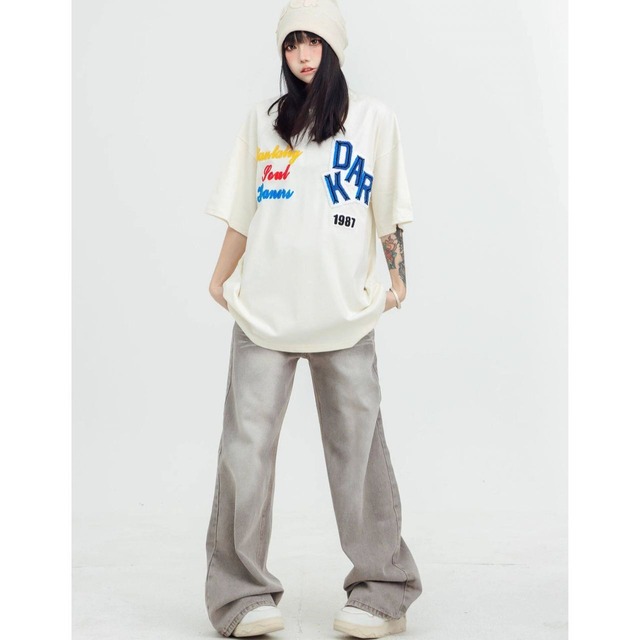 ロゴステッチハーフスリーブオーバーTシャツ 2col   R01953