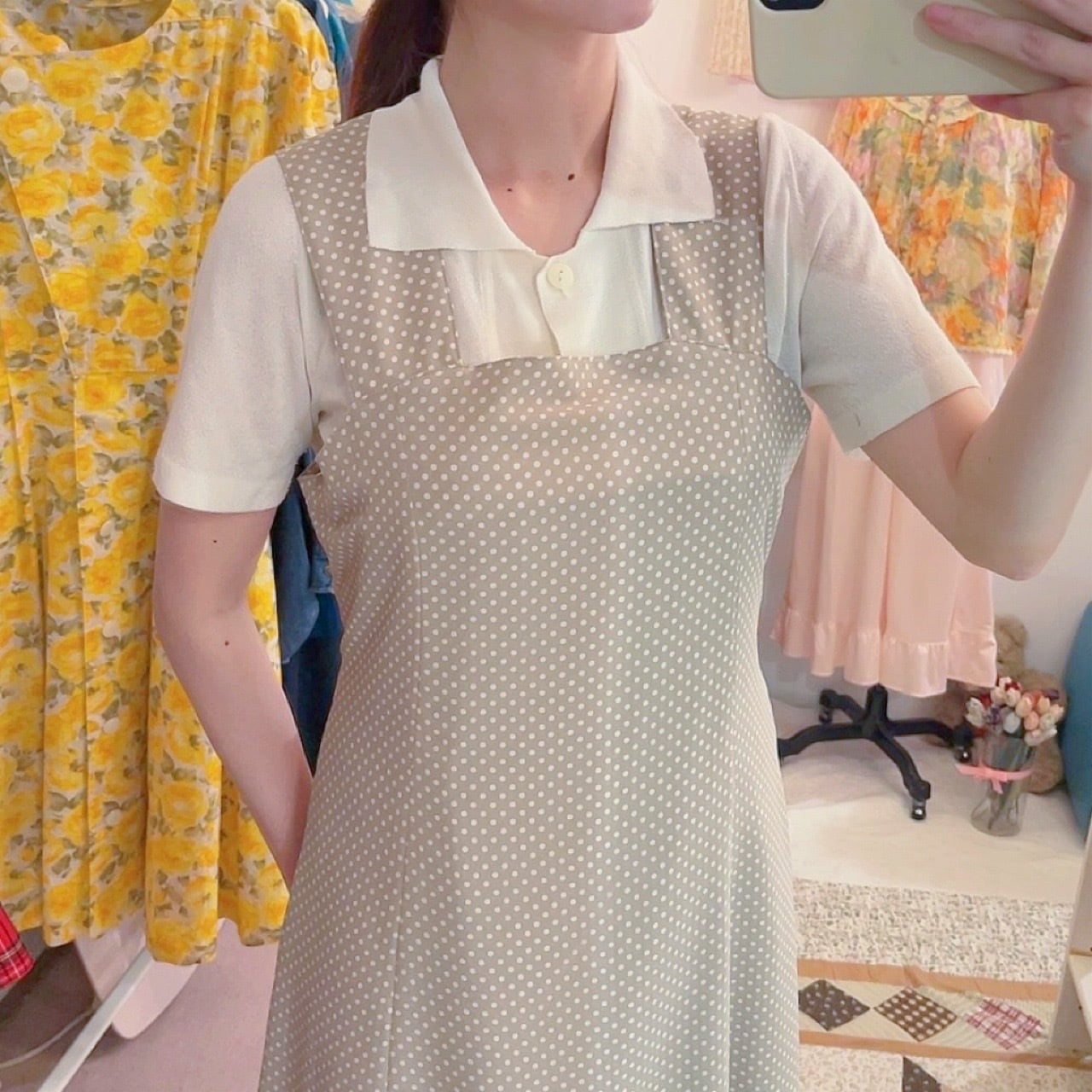 beige dot waist ribbon jumper skirt