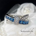 D078 レディース 指輪 サファイアキュービックジルコニア クロスリボンリング 韓国ファッション 原宿系ファッション