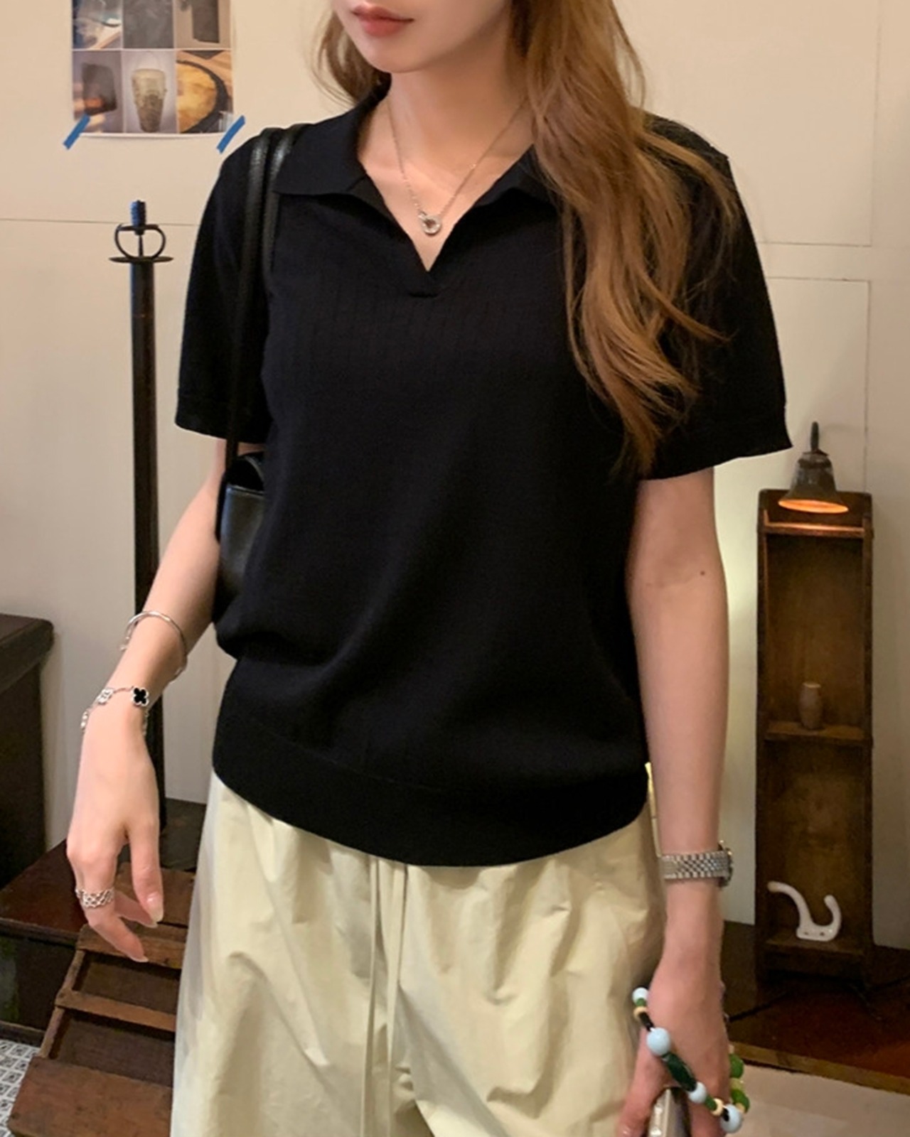 キーネックリブニットポロシャツ 3color A1078 - 17