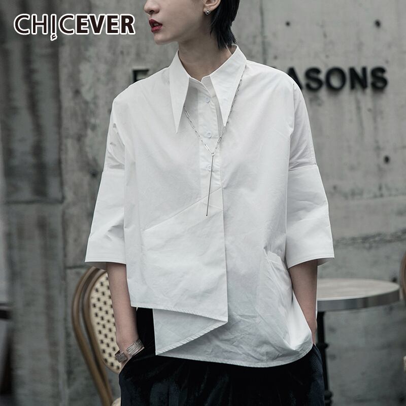 CHICEVERイレギュラーレディースシャツラペルカラー七分袖ラージサイズブラウス2020服 大きめサイズ 6base516287417689