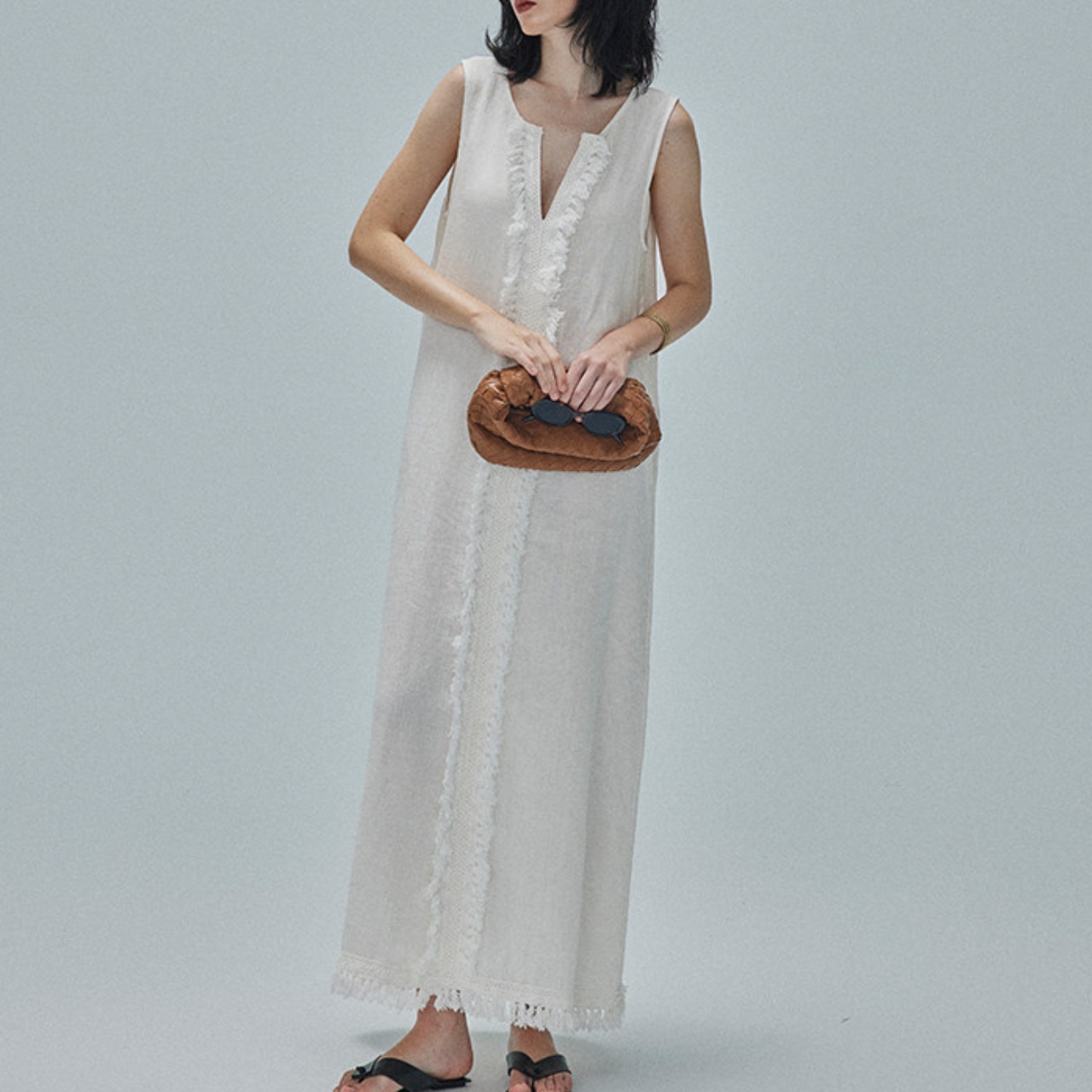 Fringe-Trimmed Maxi Sleeveless Dress T4335