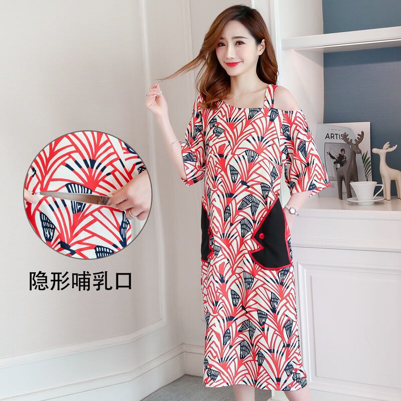 【新作】【送料無料】 マタニティウェア2019夏の新しいファッションルーズシフォン片側オフショルダーミッドスリーブプラスサイズのマタニティドレス-アリババ 大きめサイズ サマー 夏物 expec25784952815