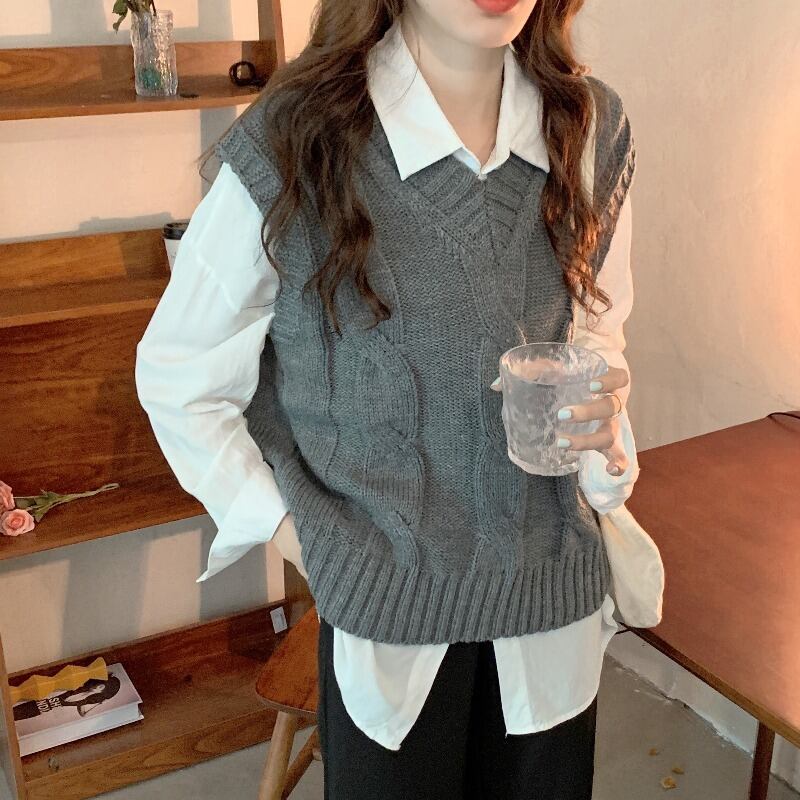 オータムレッドスタンダードVネックニットウールセーター レトロ 秋物 ハンチェンe38129229324