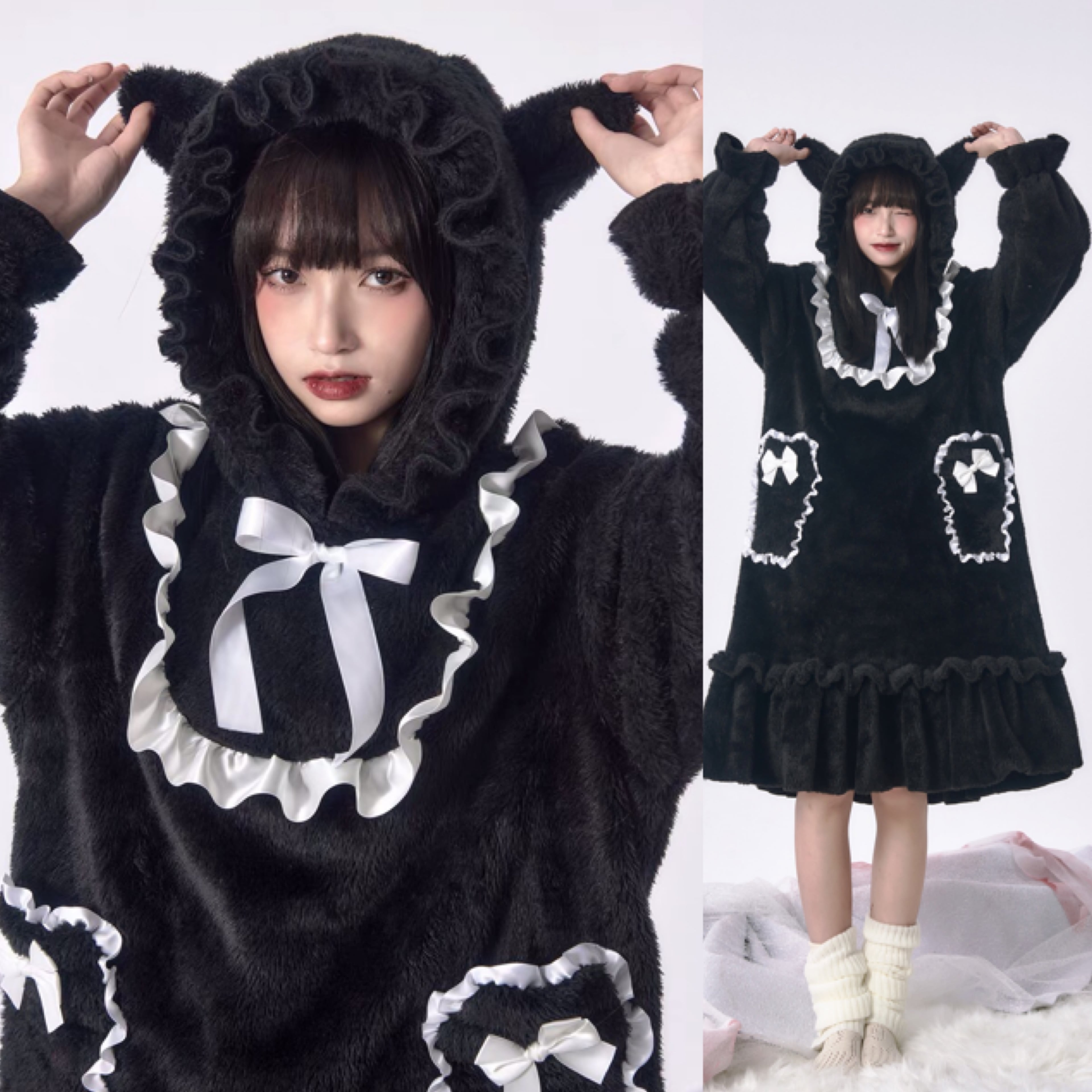 黒 猫ちゃん ワンピース リボン パジャマ ルームウェア ポケット