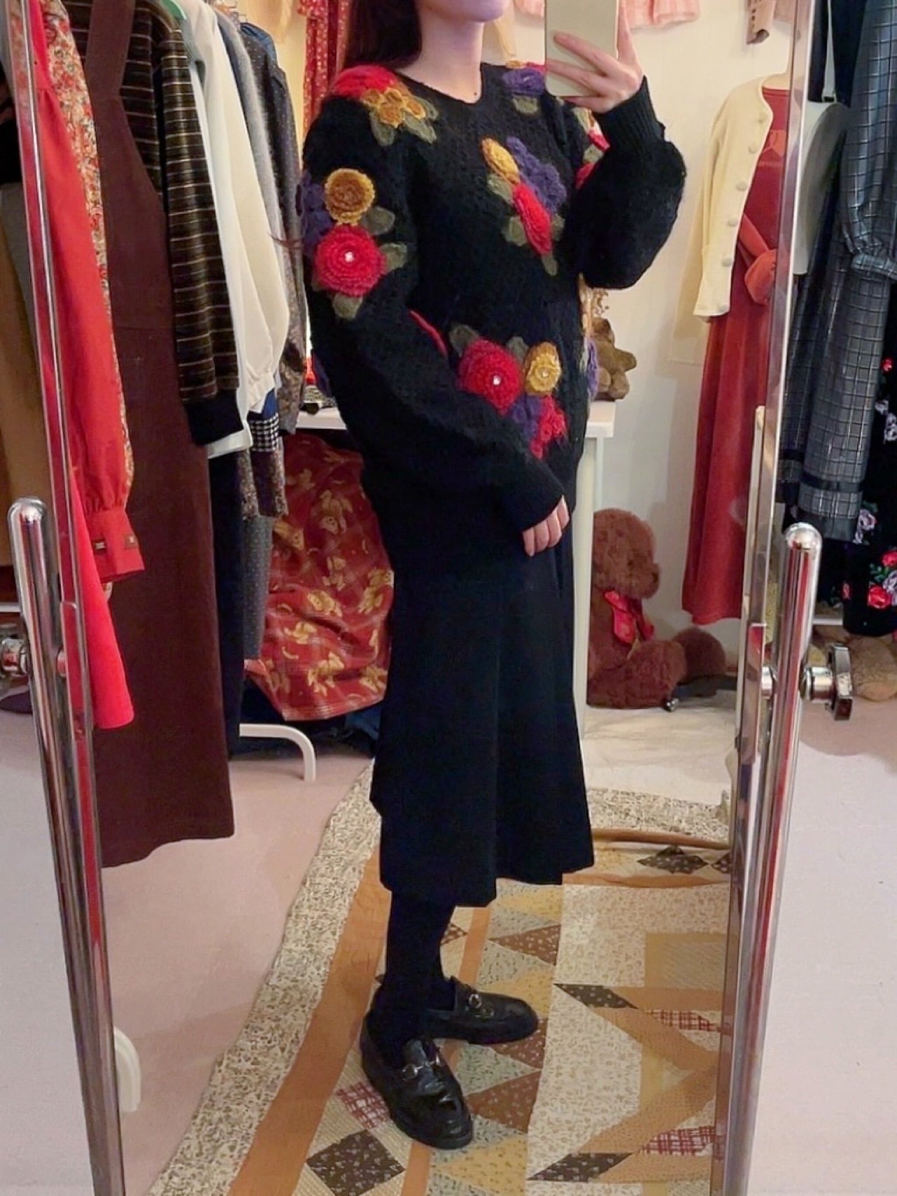 colorful flower stone mesh knit sweater