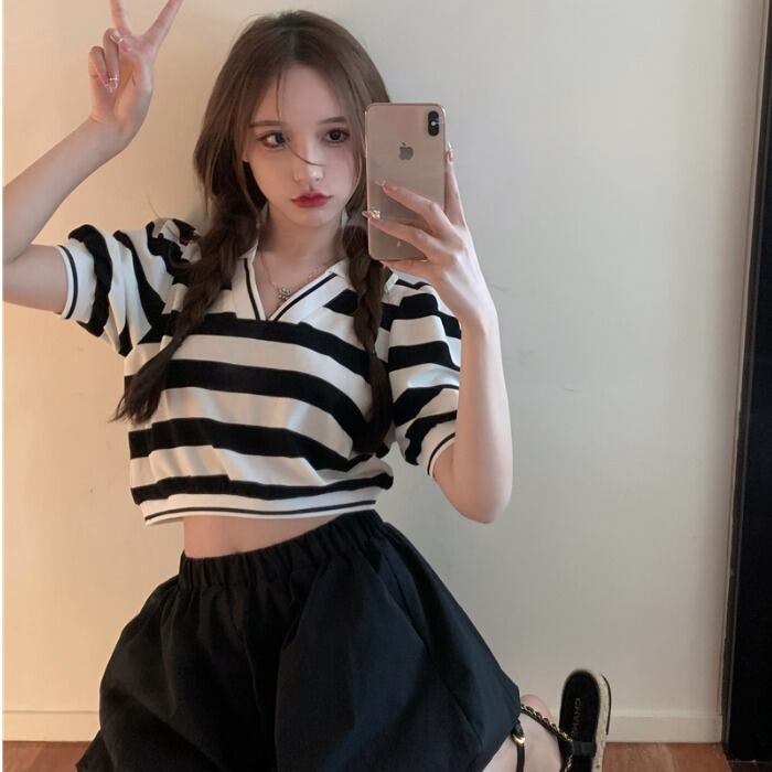 サマーストライプスリーブTシャツ トップス カジュアルFlowerデザイン パンツ 夏物 フラワーデザイン ドラファッションホール46065715794