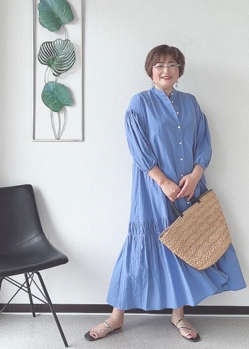 くすみ水色 【cafune】by Robe ギャザーネックティアードワンピース