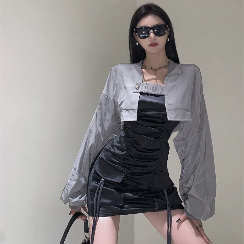 シャツ オータムスタイルプリーツスリムスカート 薄手トップス ロング 秋物 ガールズファッション81941953762