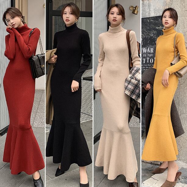 One Piece Mermaid Knit ワンピース ニットワンピ ロング丈 マキシ丈 マーメイド エレガント 上品 スリム タイト タートルネック ハイネック 4色展開 ブラック ワインレッド イエロー アプリコット おしゃれ シンプル 無地 大人 きれいめ デイリー お出かけ ランチ 秋 冬