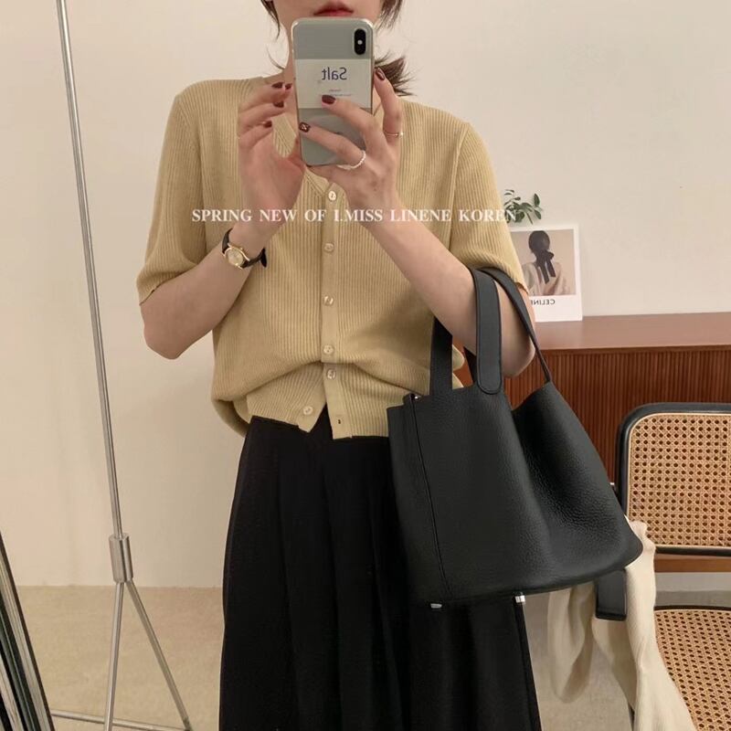 Vネックストライプニット カーディガンスプリング半袖スリーブトップス レディース ショート レトロ ハーフスリーブ 春物 ビッグFスモールZ韓国20653493962