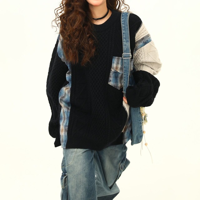 パッチワークケーブルミックススニット 2col   R01297