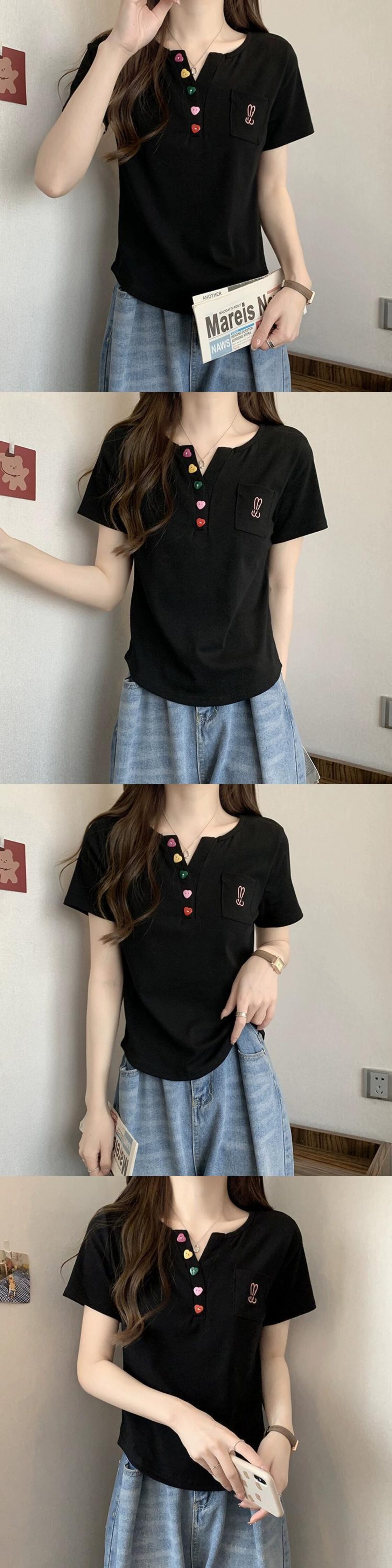 ブラックフロントショルダー半袖Tシャツレディースサマーデザイン 
