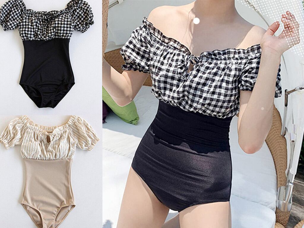 2022新発売 チェック柄の切り替えワンピース水着 ワイヤーあり バイカラー