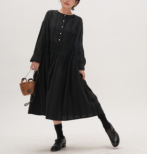 black striped gathered a-line dress【2025092902】