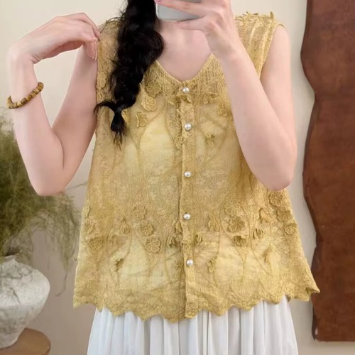 2色/花柄刺繍レース前開きノースリーブベスト ・11929