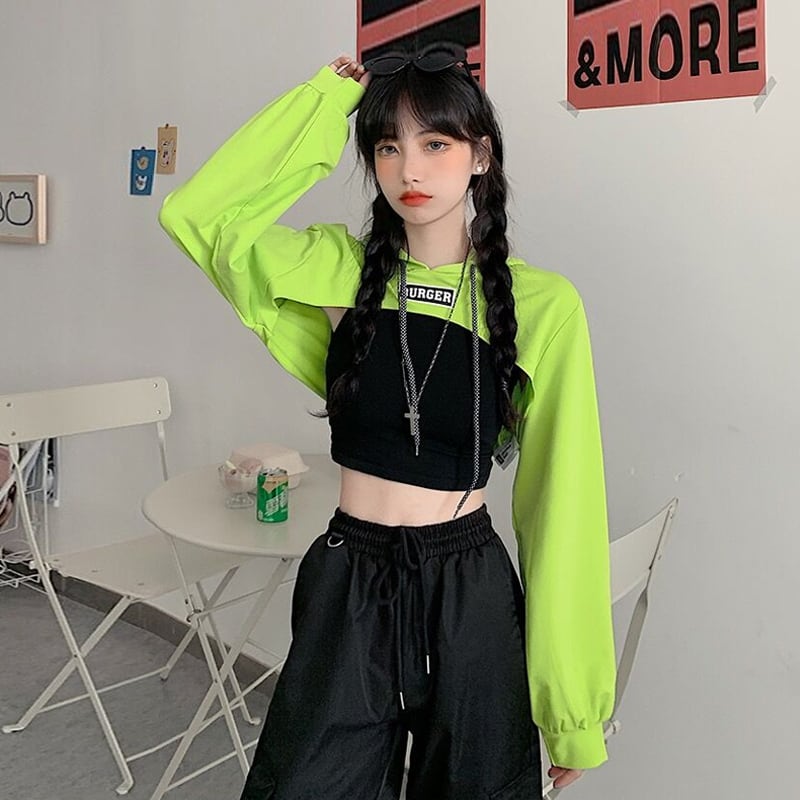 薄手グリーンフードセーター レディーススプリングスタイルハイウェストウェストクロップドショートトップス 春物 スーパーモール25884402867
