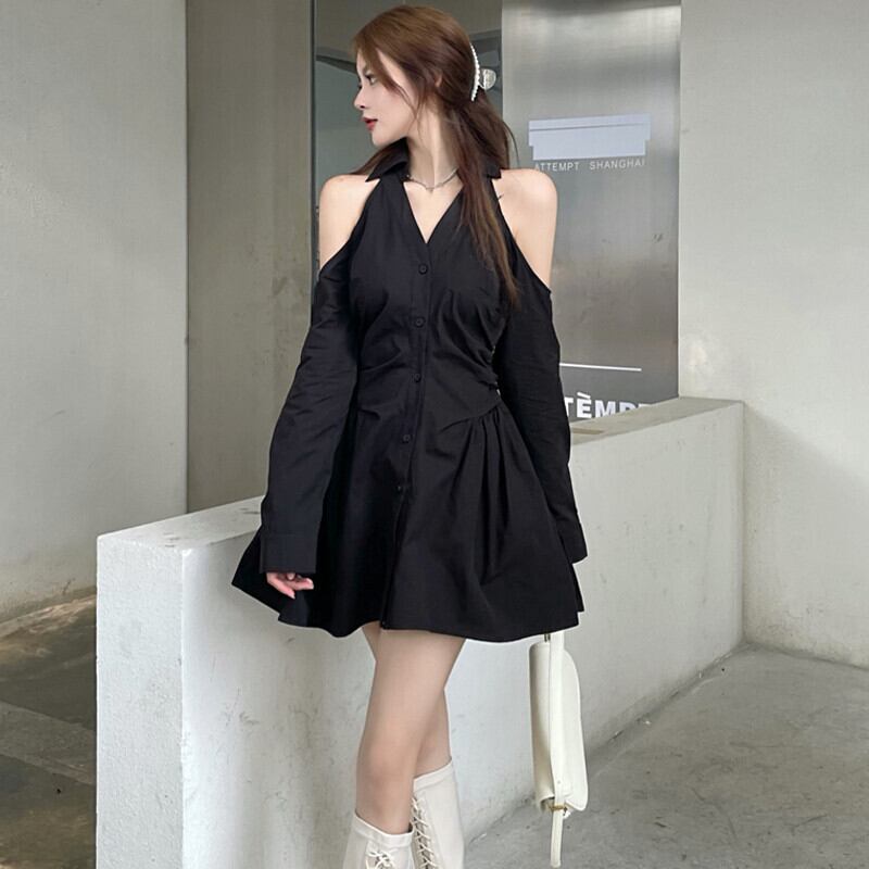 シャツ ドレス オータムウェスト薄手Aラインスカート ロング ピンク 大人ガーリー スウィート キュート カジュアル 秋物 オフショルダー ガールズファッション13643443966