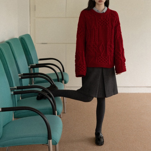 patchwork  crew-neck cable knit　J00435