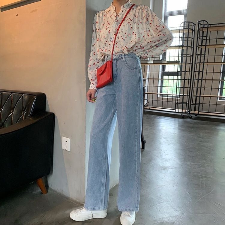 【新作】【送料無料】 春と秋のゆったりとしたハイウエストライトカラーのワイドレッグパンツ、小さな女性のためのストレートレッグパンツ、痩身ジーンズ 0358077006735