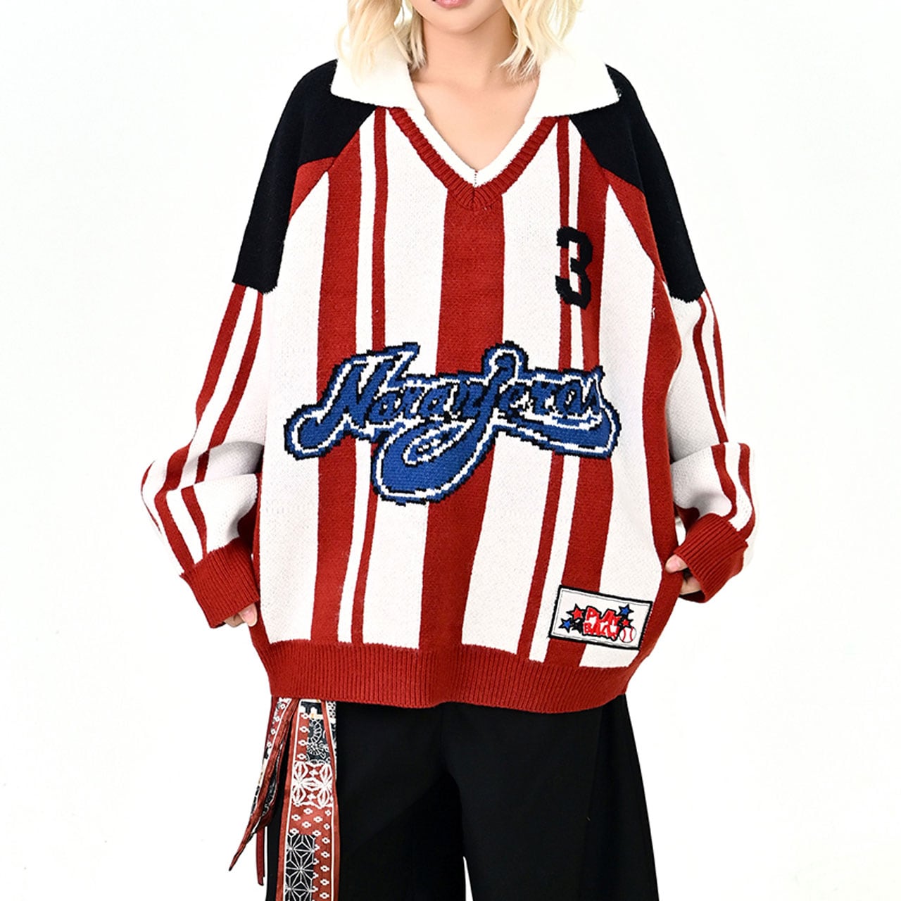 ストライプロゴカレッジニットトップ R01148