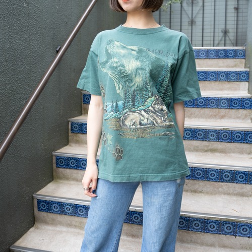 USA VINTAGE SANSEGAL WOLF PRINT DESIGN T SHIRT/アメリカ古着オオカミプリントデザインTシャツ