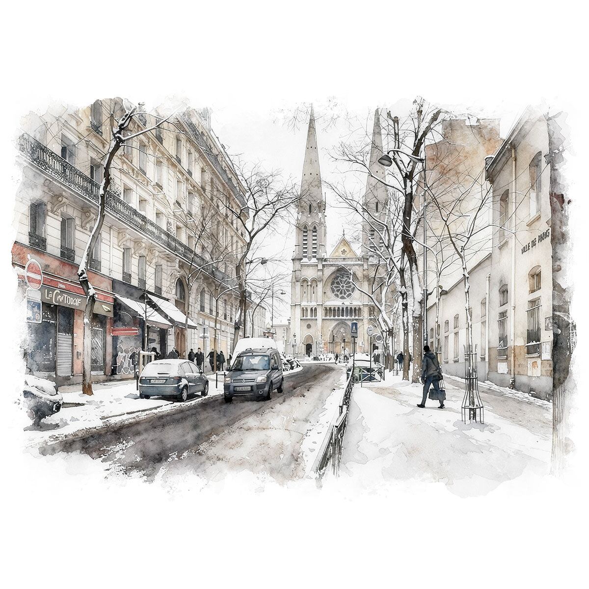 絵画 フランス 風景画(街並み) パリ ベルヴィル洗礼者聖ヨハネ教会の