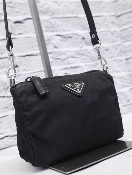 【美品】 PRADA プラダ テスート ナイロンxレザー クロスボディ ミニ ショルダー カメラ バッグ ポーチ ポシェット 黒◆クロスボディの定番