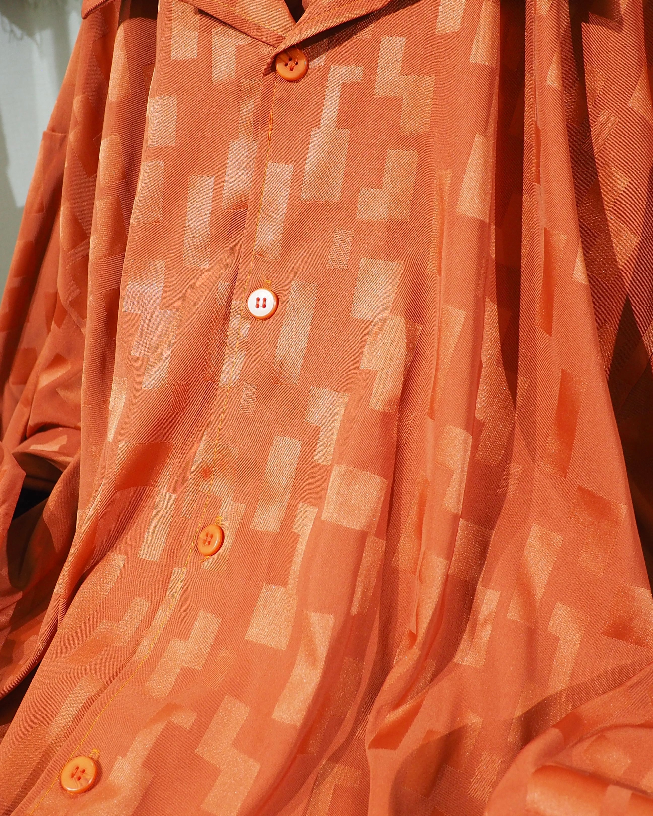 1990s " Made in USA ‐ Smash " Vivid Orange × Block Pattern Vintage Loose Open Collar Shirt
