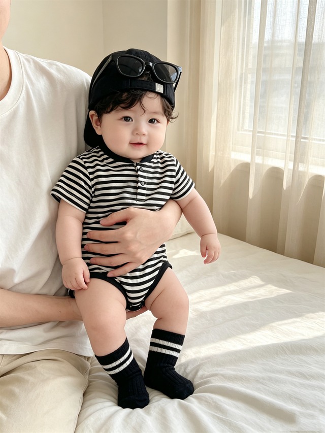 【BABY】ストライプヘンリーネック半袖ボディスーツ - 7