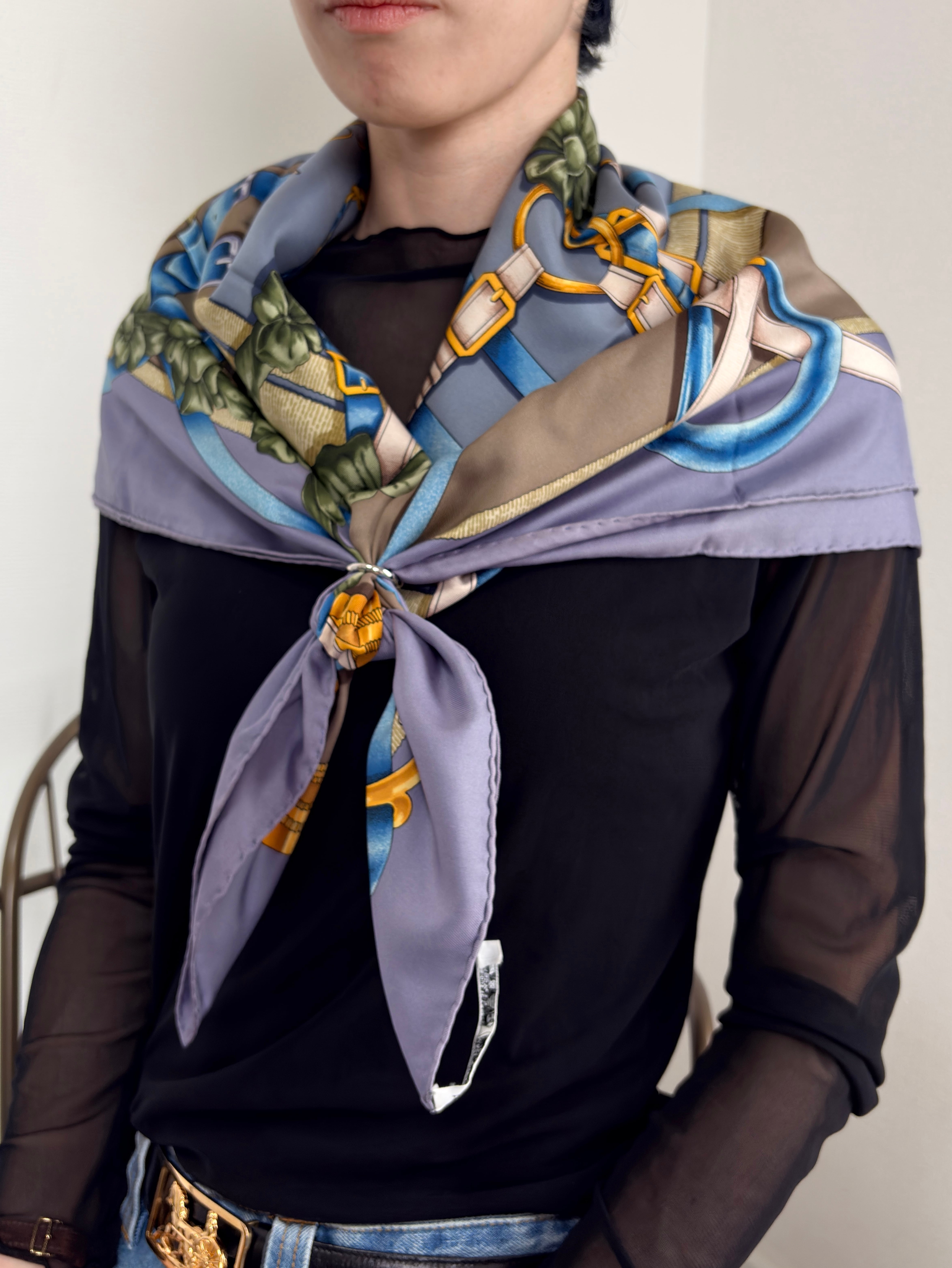 HERMES エルメス スカーフ パープル ベルトフラワーモチーフ シルク