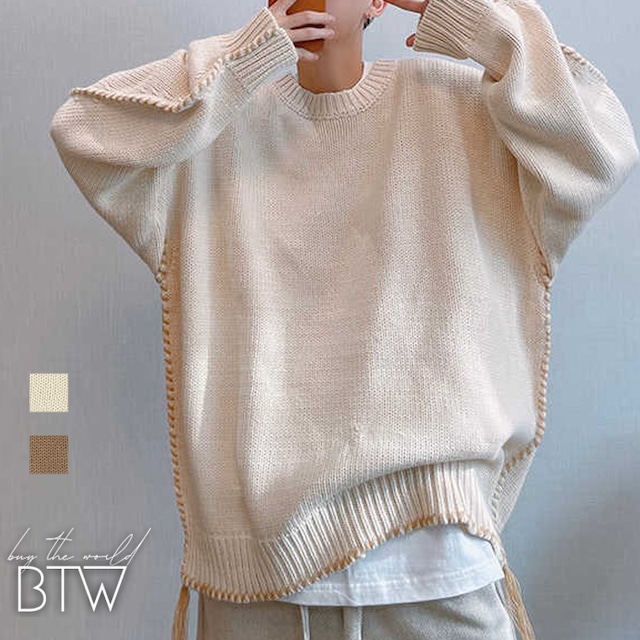 【韓国メンズファッション】タッセル付きインサイドアウトセーター 個性派 アメカジ カジュアル クルーネック あたたか BW2336