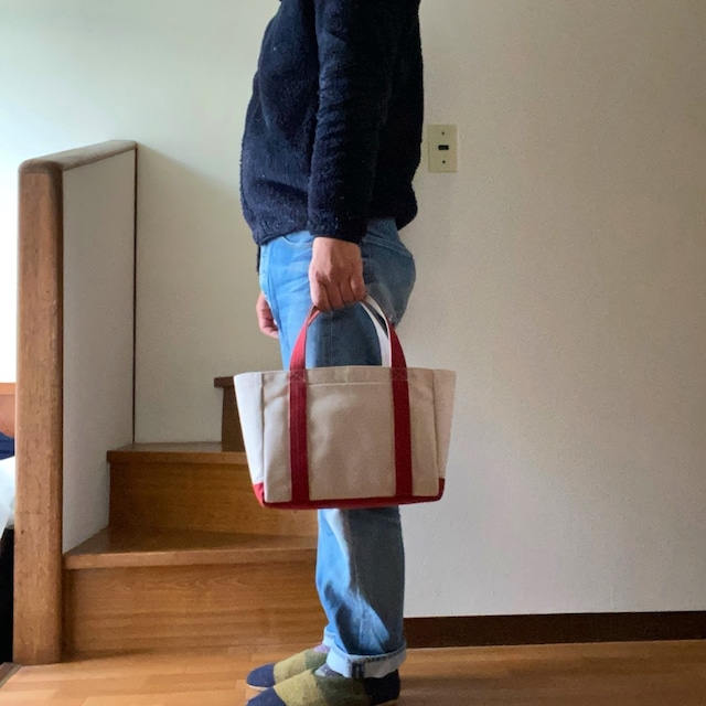 「軽いボックストート」小サイズ「サンドベージュ✕バーガンディ」／アルマダ8号帆布【受注制作】