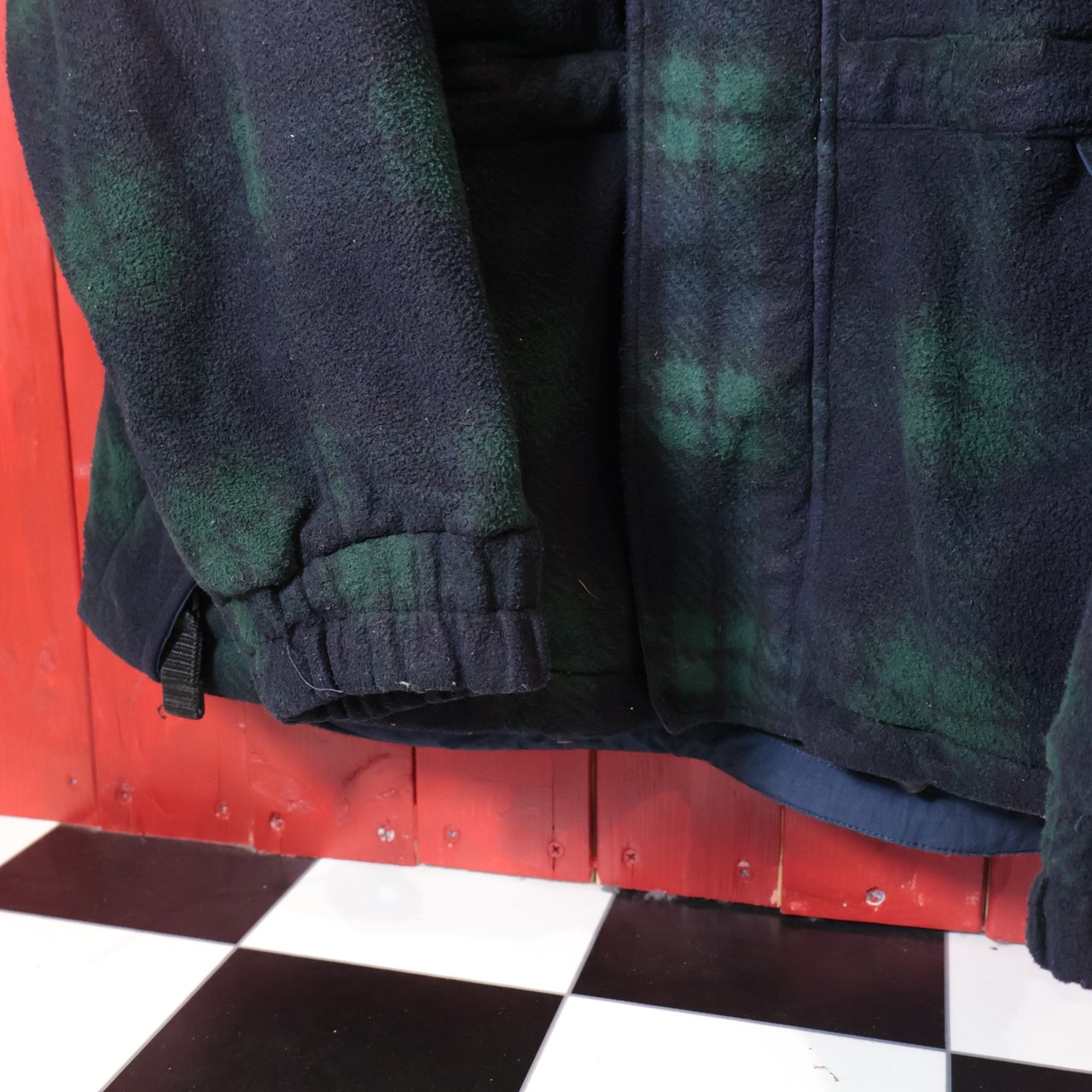 90s TOMMY HILFIGER フリースコート ブラックウォッチ ミドル丈 フード付き M