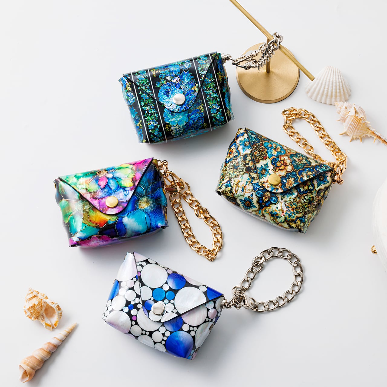 天然貝 螺鈿アート シェル ☆ エンベロープポーチ キーチェーン付き