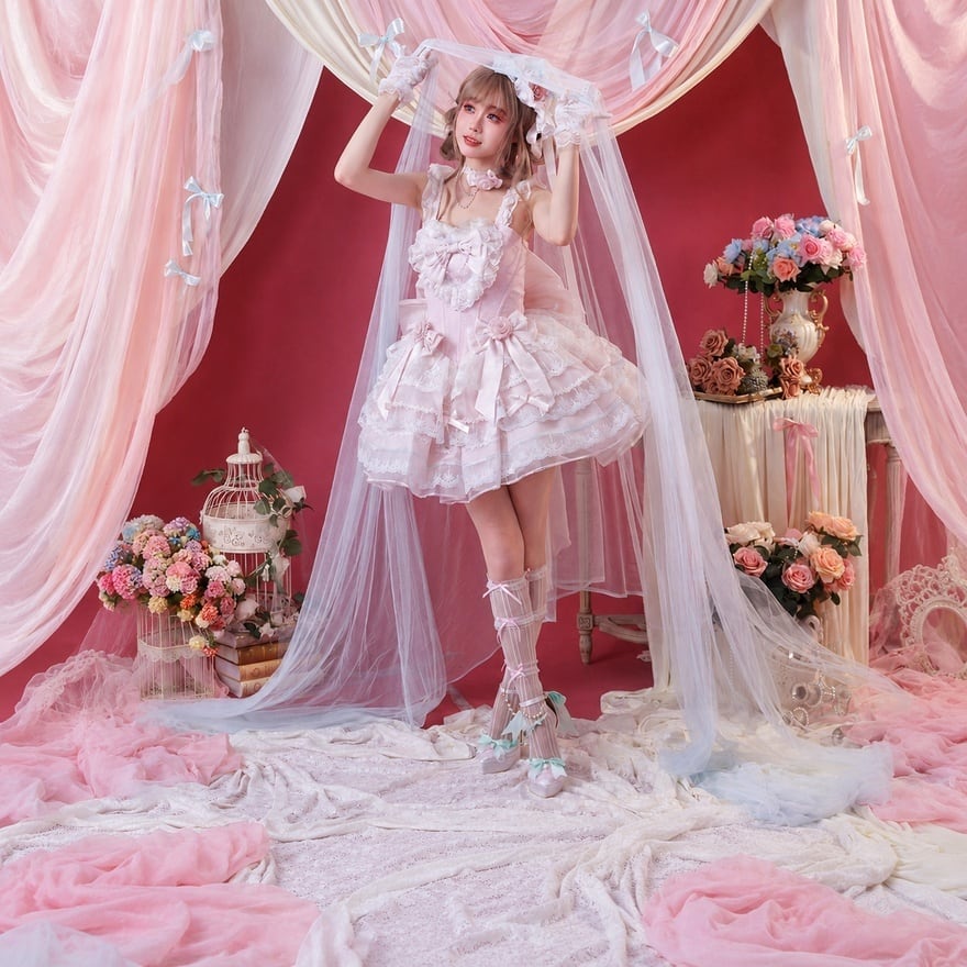 花園に咲くレースリボン 幾重フリルの甘ロリジャンパースカート