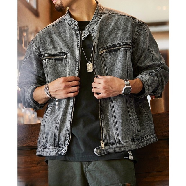 band-collar denim washed retro jacket A1427