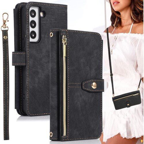 S22 galaxy ケース 手帳型 ショルダー スト ケース SC51C ケース s22 携帯ケース SCG13 カバー S22 スマホケース 手帳型 適用 case BonwFzin 折畳み ストラップホール付き カード収納 バッグ マグネット スナップ 肩がけ 首掛け 斜め掛け カードケース ファスナー ジッパー ストラップ付き カバー スタンド ショルダーケース クロスボディ カード入れ スマホケース レトロ ブラック 1676