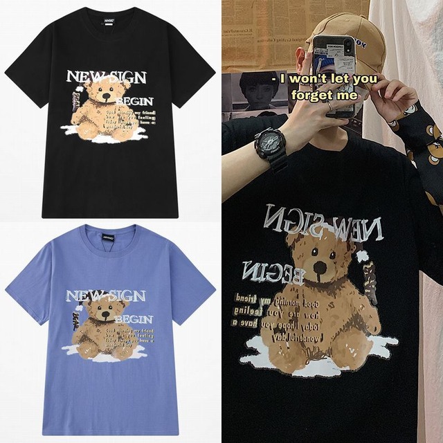 ユニセックス 半袖 Tシャツ メンズ レディース かわいい 落書き風 クマちゃん ベアー プリント オーバーサイズ 大きいサイズ ルーズ ストリート TBN-610609002870