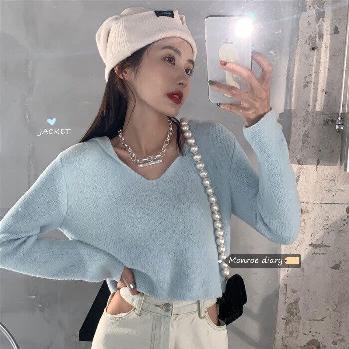 ブルーセーター スプリングVネックニットクロップドトップス 春物 モンロー77225239169