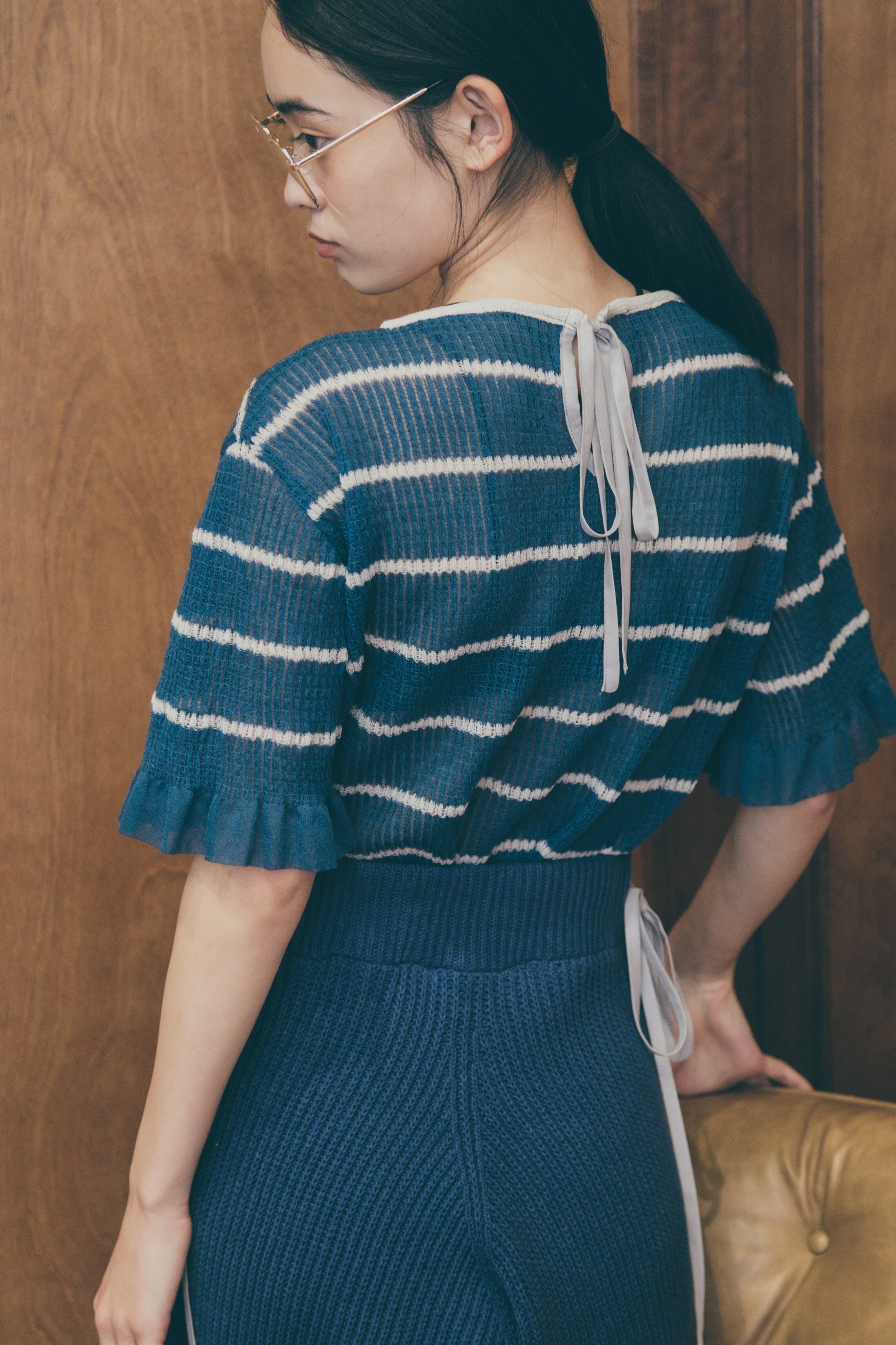受注 全額支払い】YUKI SHIMANE Shirring Border-Knit Wide top- BLUE 